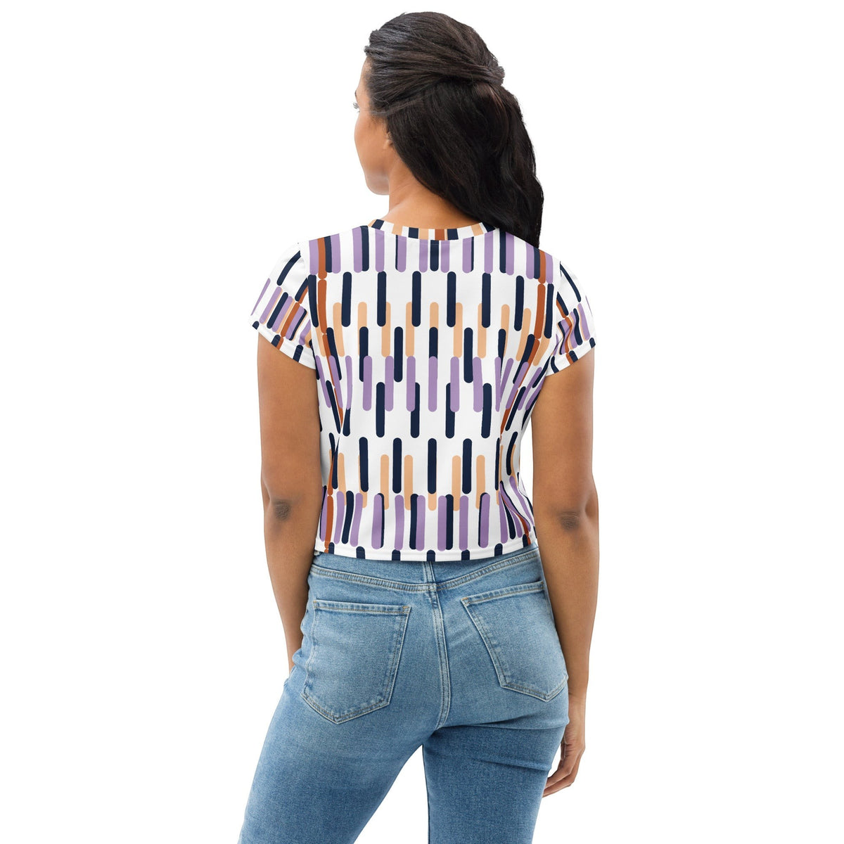 Good Wishes 365 crop tee with a purple, navy, and tan vertical bar pattern, worn by a woman from the back view.