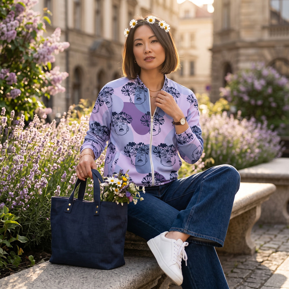 Good Wishes 365 unisex bomber jacket with purple boy and flower crown print, worn by a woman sitting on a bench.