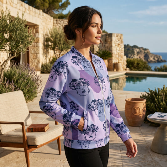 Good Wishes 365 unisex bomber jacket with purple floral boy print, featuring a silver zipper and brushed fleece lining.