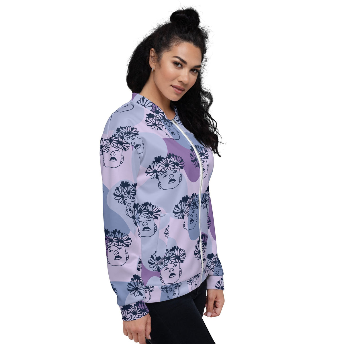 Good Wishes 365 unisex bomber jacket with purple flowercrown face print, featuring a front zipper and ribbed trim.