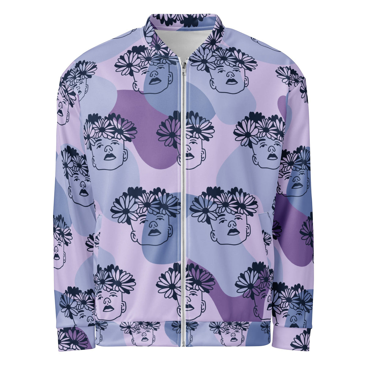 Good Wishes 365 unisex bomber jacket with purple abstract background and black line art flowercrown face print