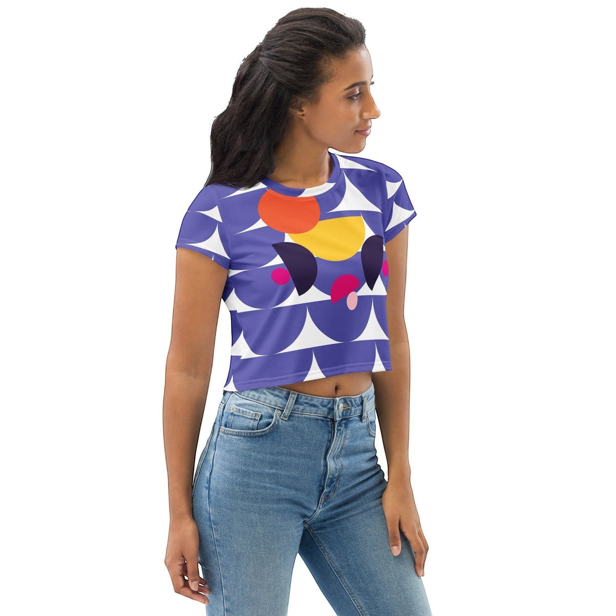 Good Wishes 365 purple crop tee with geometric mushroom print worn by a woman with blue jeans