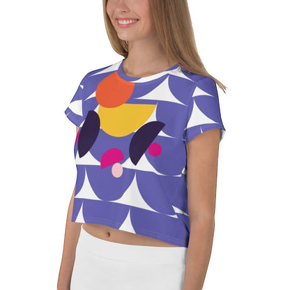 Good Wishes 365 purple crop tee with geometric mushroom graphic print worn by a smiling woman
