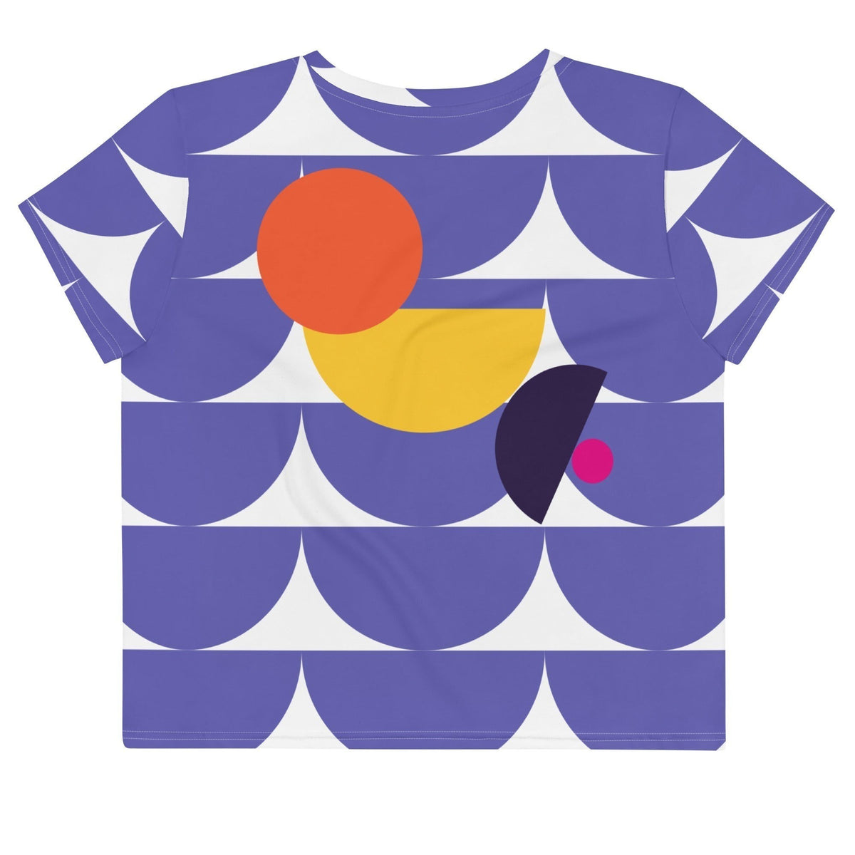Good Wishes 365 purple crop tee with geometric mushroom and circle graphic print in orange, yellow, and dark purple.