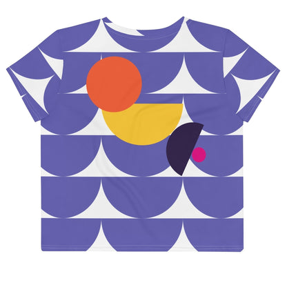Good Wishes 365 purple crop tee with geometric mushroom and circle graphic print in orange, yellow, and dark purple.