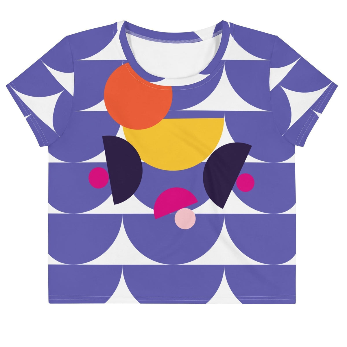 Good Wishes 365 purple crop tee with geometric mushroom graphic print, crew neck, and short sleeves.