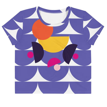 Good Wishes 365 purple crop tee with geometric mushroom graphic print, crew neck, and short sleeves.