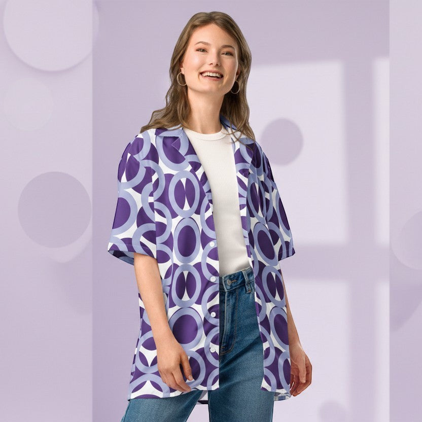 Good Wishes 365 unisex button shirt in purple and white retro geometric print with UPF50+ sun protection