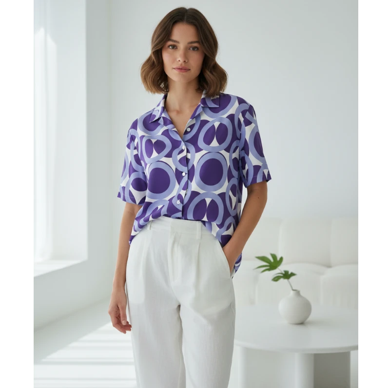 Good Wishes 365 purple and white retro geometric print short-sleeve button-down shirt with UPF50+ sun protection.