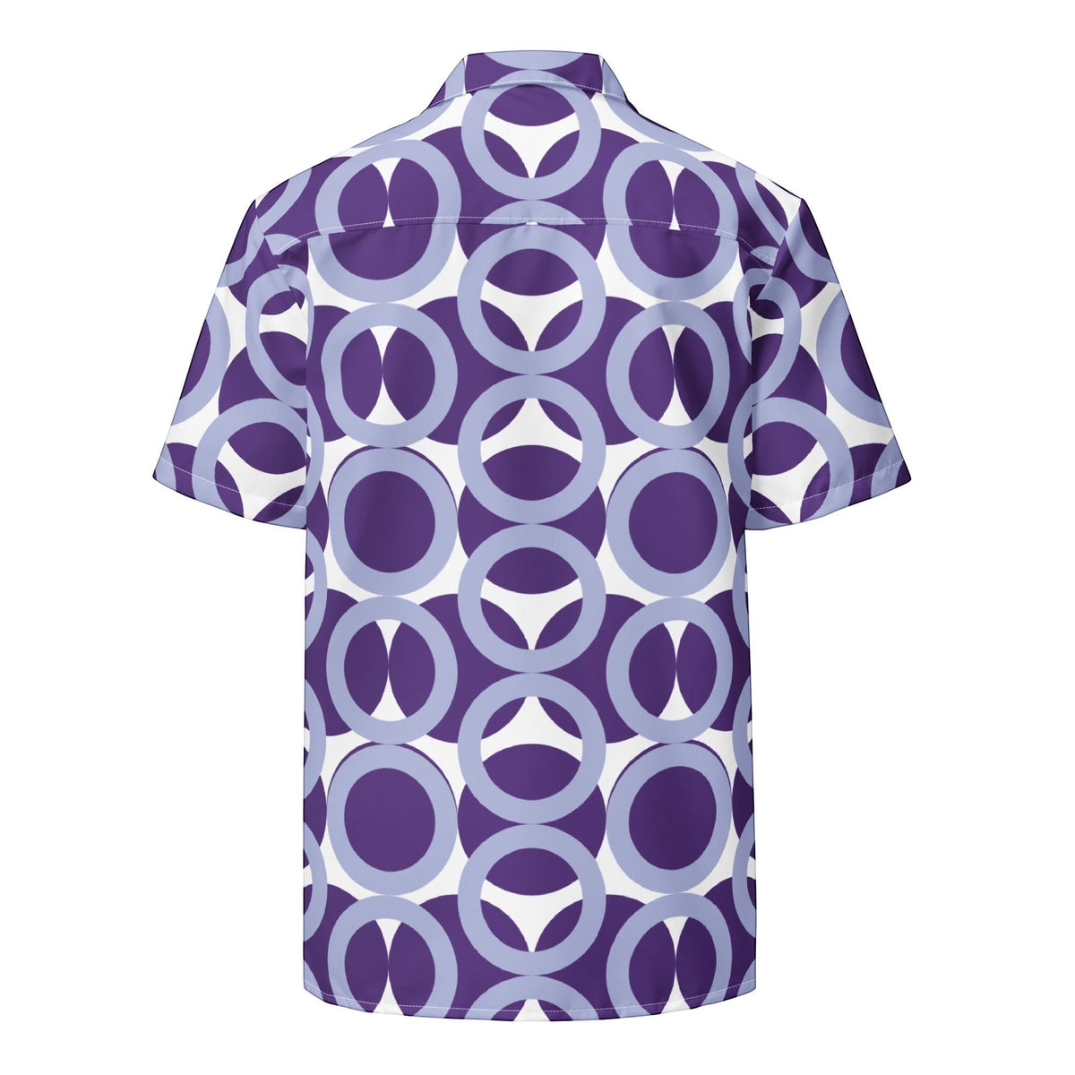 Good Wishes 365 purple and white retro geometric print unisex short-sleeve button-down shirt with UPF50+ protection.