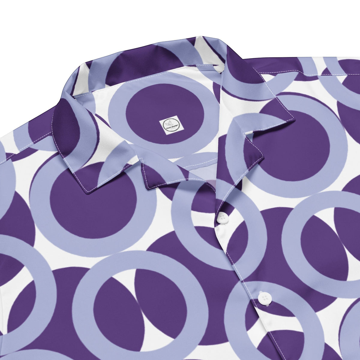 Good Wishes 365 purple and light purple retro geometric print unisex button-down shirt with a crisp collar.