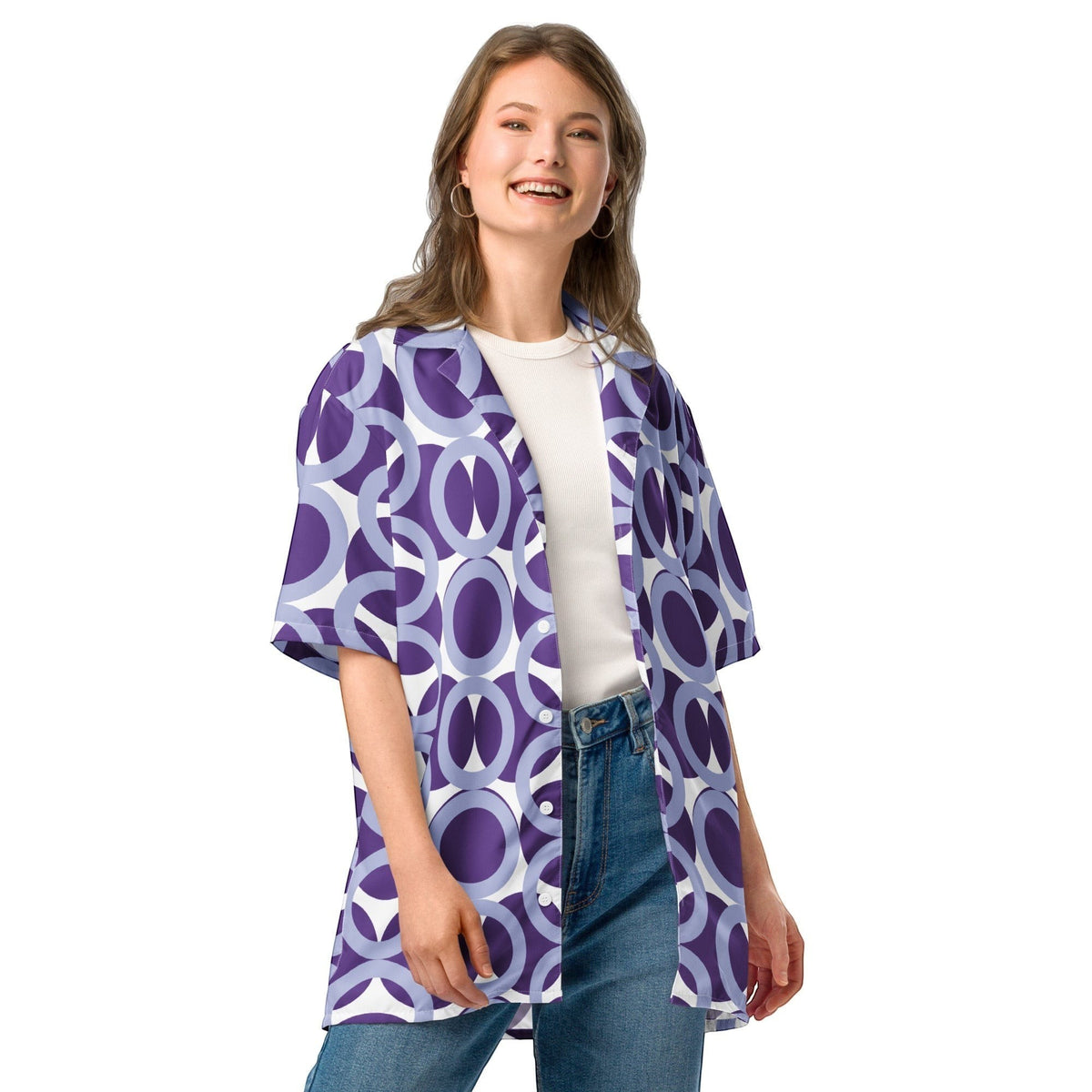 Good Wishes 365 purple retro geometric print button shirt with UPF50+ protection worn by a smiling woman.
