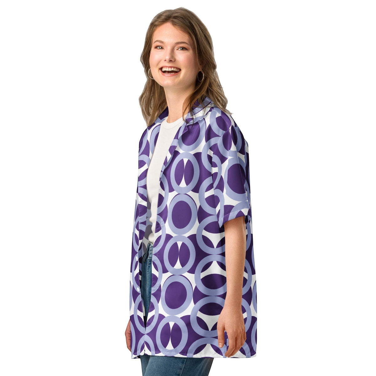 Good Wishes 365 purple retro geometric print button shirt with UPF50+ protection worn by a smiling woman
