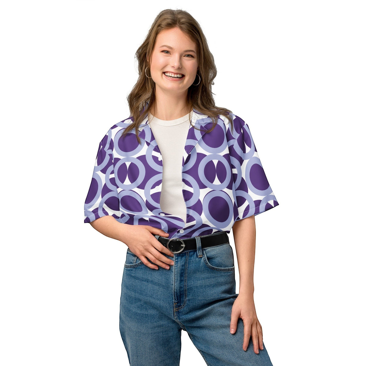 Good Wishes 365 purple retro geometric print button shirt with UPF50+ protection worn by a smiling woman.