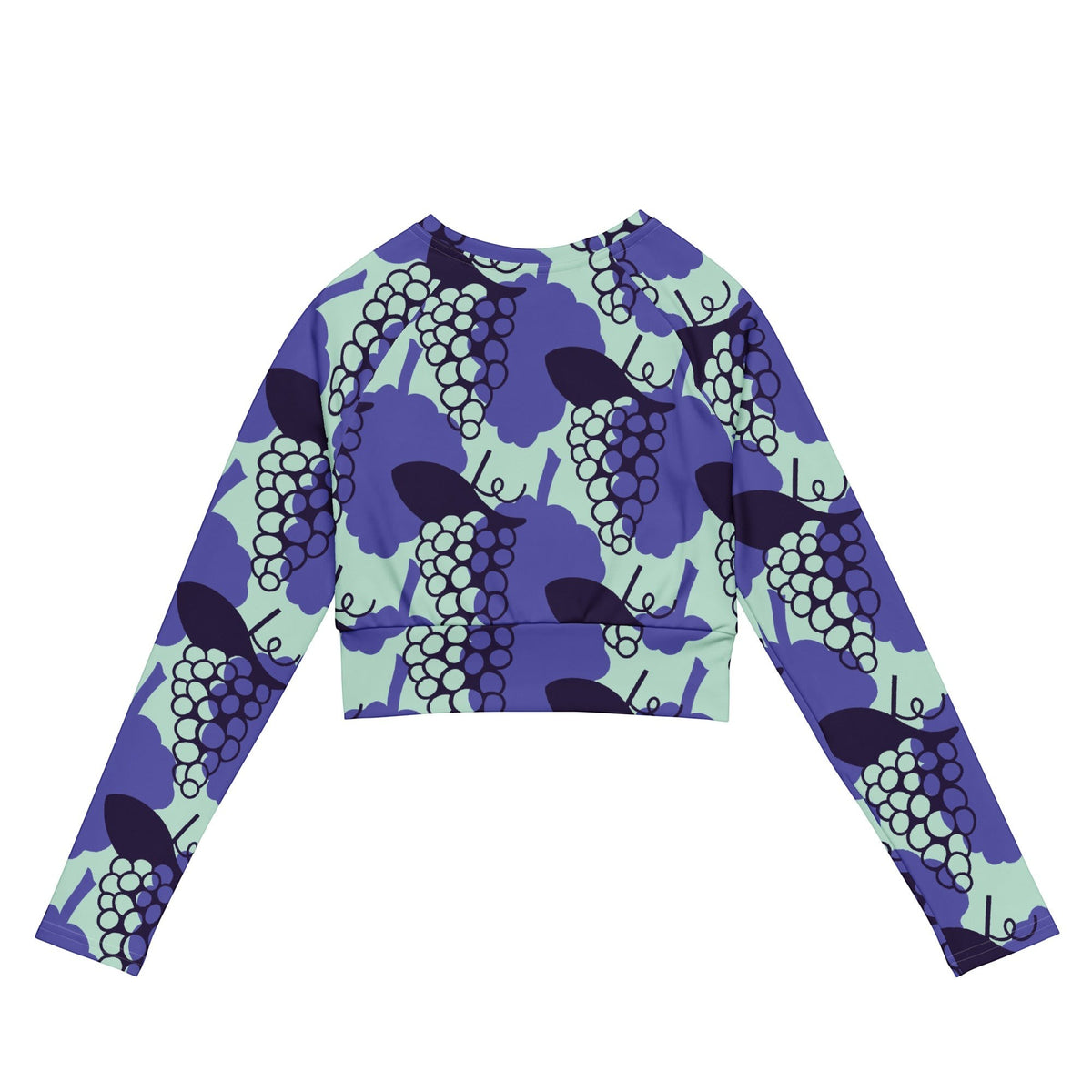 Good Wishes 365 long-sleeve crop top in recycled fabric with a purple and mint grape-inspired artistic print