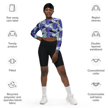 Good Wishes 365 long-sleeve crop top in purple grape print with black biker shorts on a model with product features