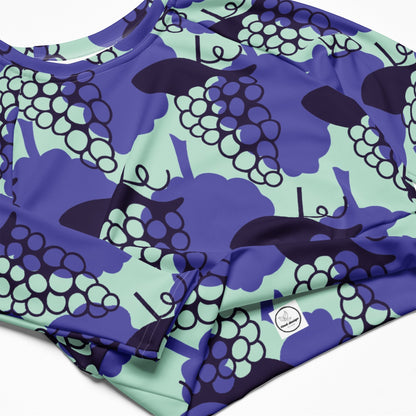 Good Wishes 365 long-sleeve crop top in recycled fabric with a purple and mint grape print pattern.