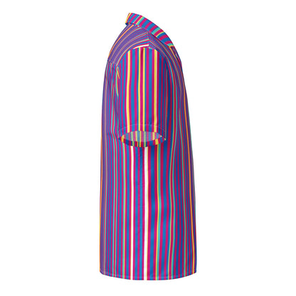 Good Wishes 365 purple multicolor striped short sleeve button-up shirt with UPF50+ sun protection, side view.