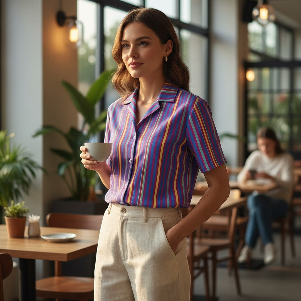 Good Wishes 365 women's purple multicolor striped short sleeve button-up shirt with UPF50+ protection in a cafe.