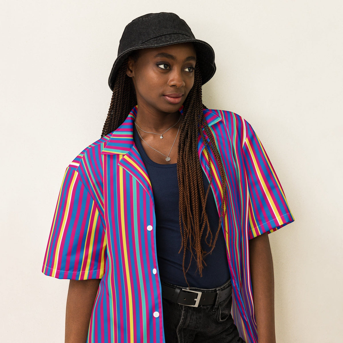 Model wearing a Good Wishes 365 purple multicolor striped short sleeve button-up shirt with UPF50+ sun protection.
