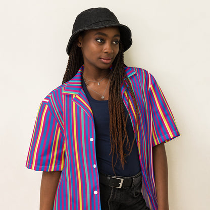 Model wearing a Good Wishes 365 purple multicolor striped short sleeve button-up shirt with UPF50+ sun protection.