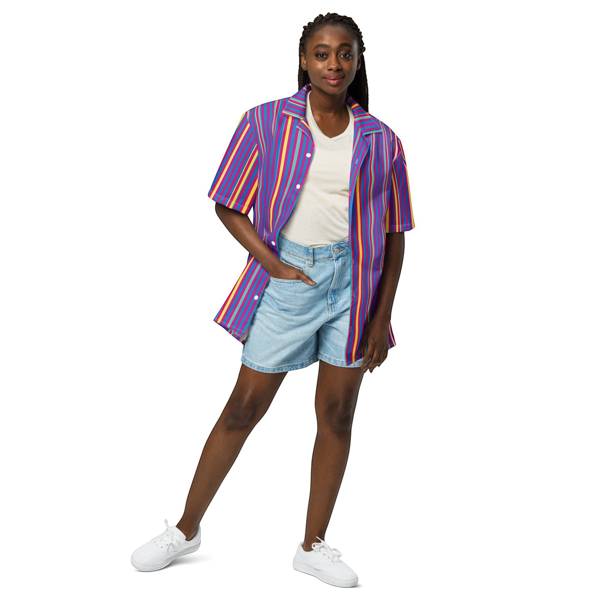 Model wearing a Good Wishes 365 purple multicolor striped short sleeve button-up shirt with UPF50+ protection.