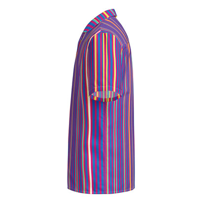 Good Wishes 365 purple multicolor striped short sleeve button-up shirt with UPF50+ sun protection in side view.
