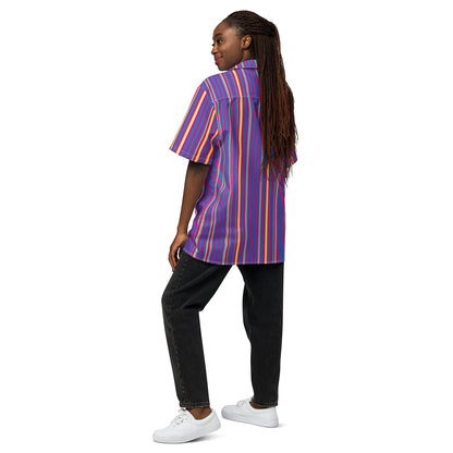 Good Wishes 365 purple multicolor striped short sleeve button-up shirt with UPF50+ protection on a model