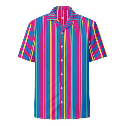 Good Wishes 365 purple multicolor vertical striped short sleeve button-up shirt with UPF50+ sun protection.