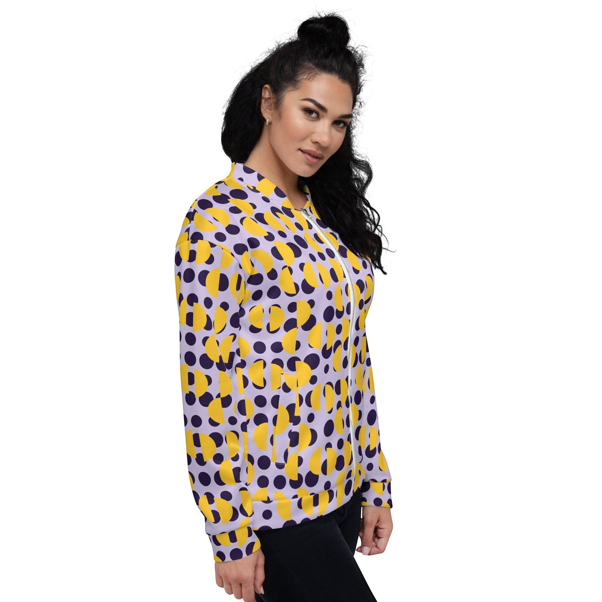 Good Wishes 365 unisex bomber jacket with purple polka dots and yellow semi-circles on a model