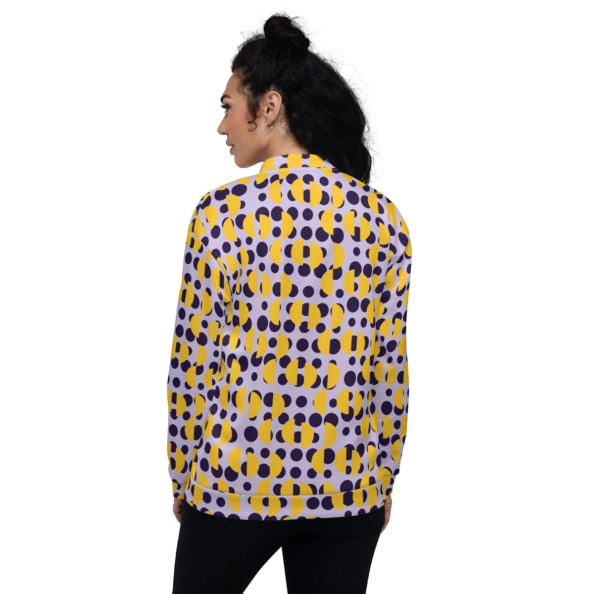 Good Wishes 365 unisex bomber jacket with purple polka dots and yellow semi-circles on a lavender background