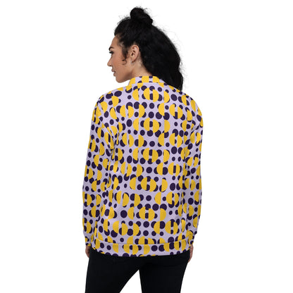 Good Wishes 365 unisex bomber jacket with purple polka dots and yellow semi-circles on a lavender background