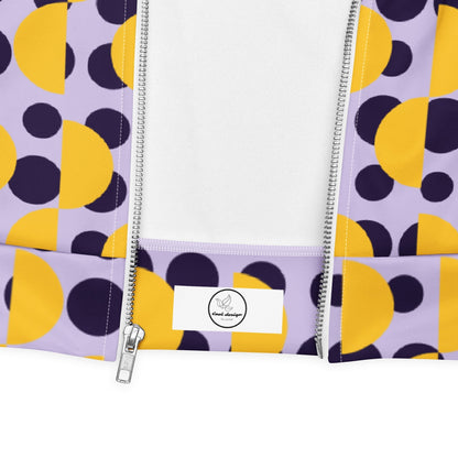 Good Wishes 365 bomber jacket featuring a lavender background with purple polka dots and yellow semi-circles