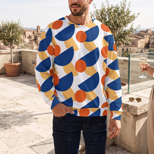 Good Wishes 365 recycled unisex sweatshirt with a geometric mushroom-inspired print in dark cerulean, orange, and yellow.