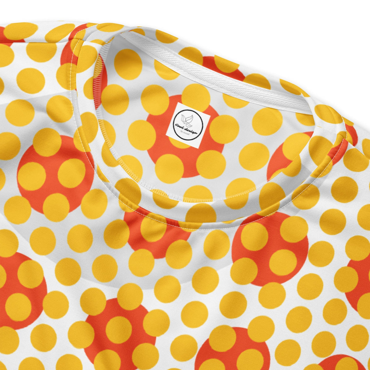 Good Wishes 365 recycled sweatshirt featuring a 70s pop art yellow and orange geometric polka dot pattern