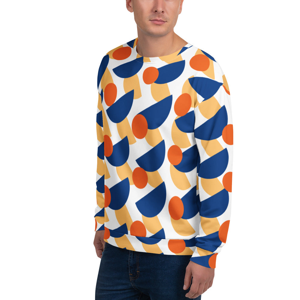 Good Wishes 365 unisex crew neck sweatshirt featuring a geometric mushroom print in dark cerulean, orange, and yellow.