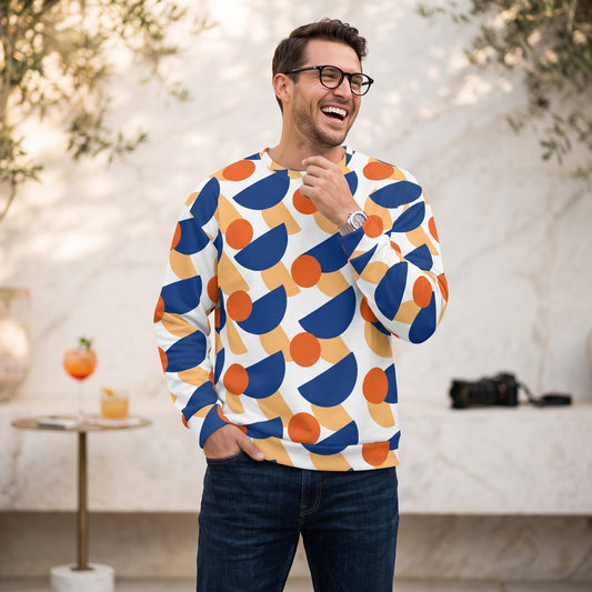 Good Wishes 365 unisex sweatshirt with a geometric mushroom print in dark cerulean, orange, and yellow on white.