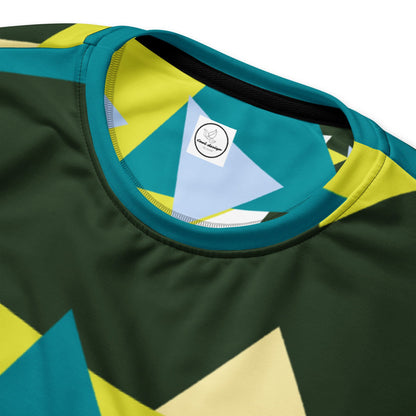 Good Wishes 365 recycled sweatshirt featuring a myrtle green, lime, and teal abstract triangle geometric print