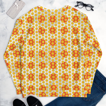Good Wishes 365 recycled sweatshirt featuring a yellow and orange 70s pop art geometric dot pattern, back view