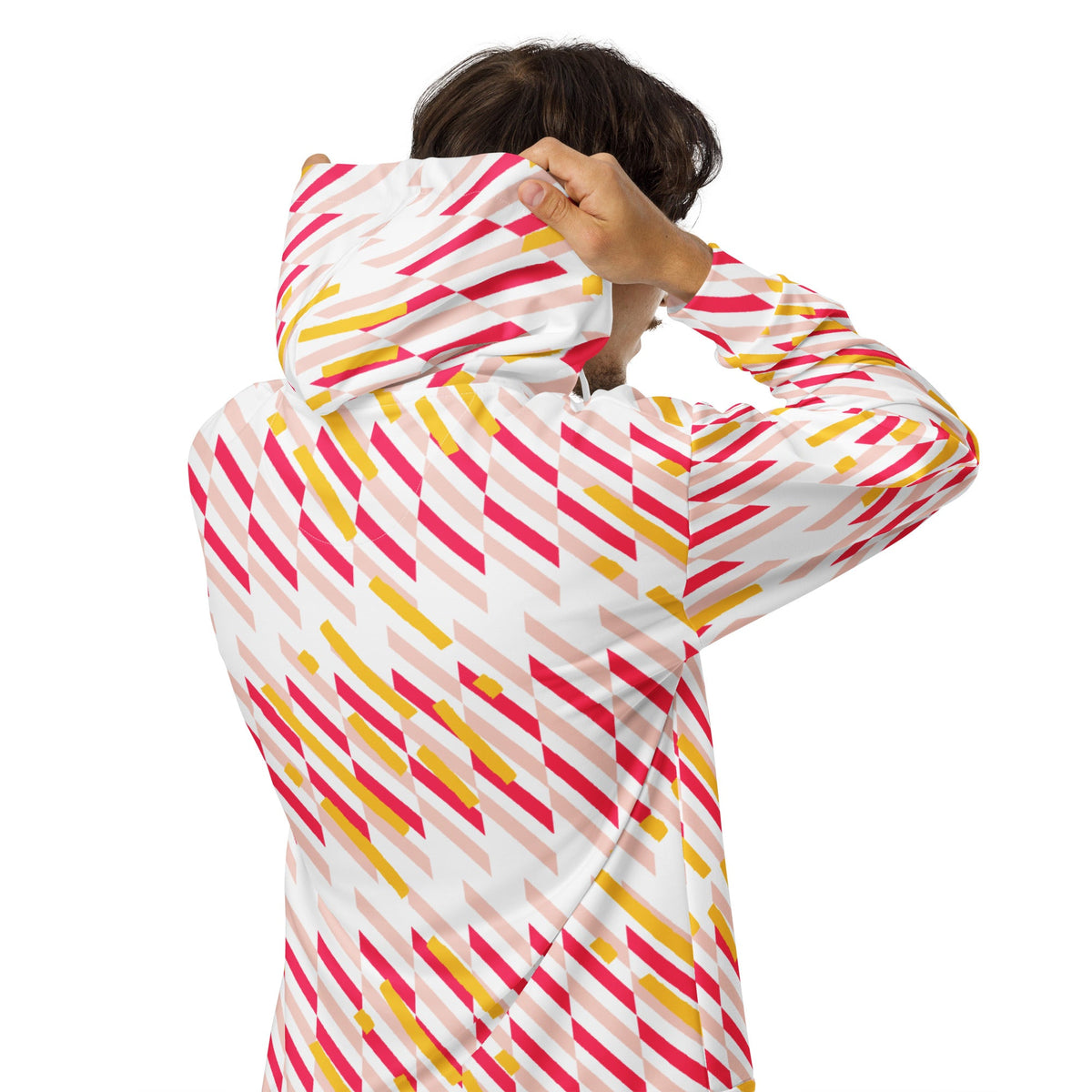 Good Wishes 365 recycled zip hoodie with pink and yellow geometric line pattern, worn by a man from the back view