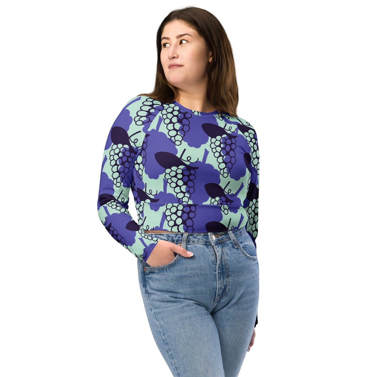 Good Wishes 365 long-sleeve crop top in recycled fabric with a purple and mint grape print worn by a woman