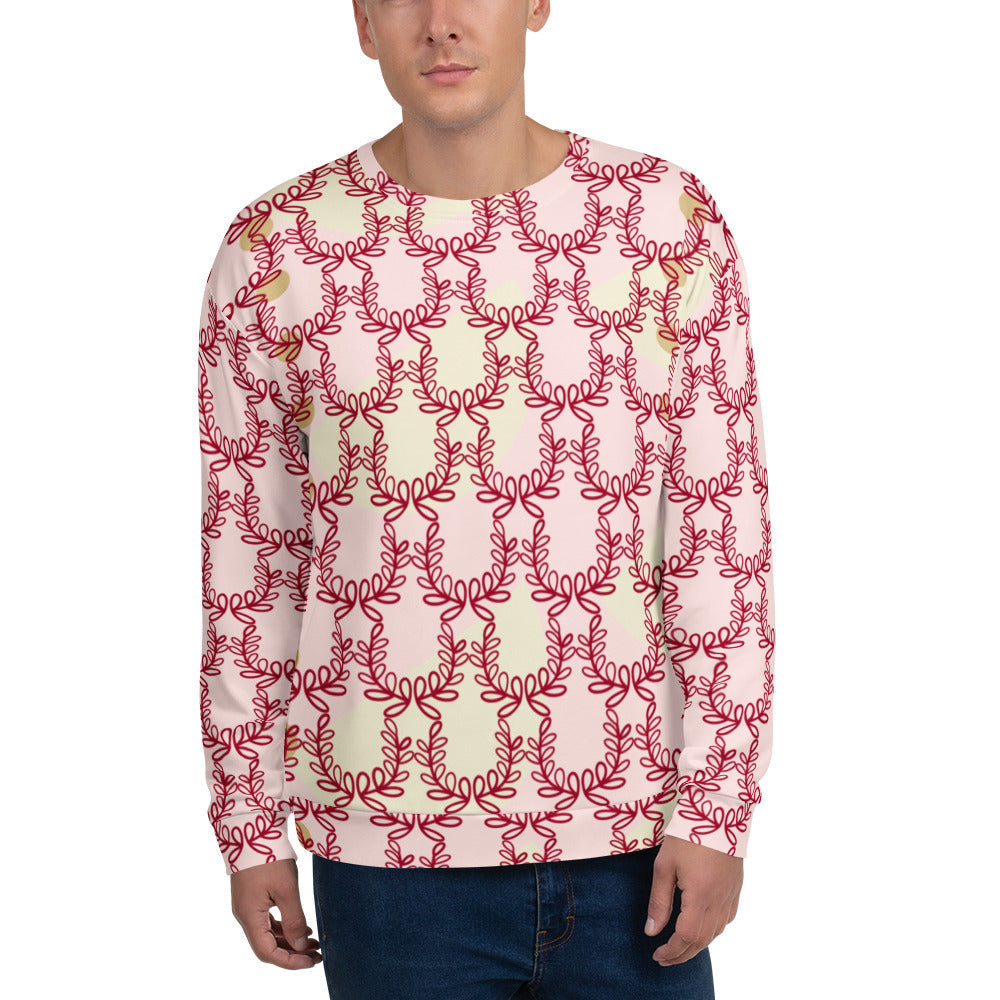 Good Wishes 365 unisex recycled sweatshirt featuring a deep red laurel leaf crown print on a misty rose background