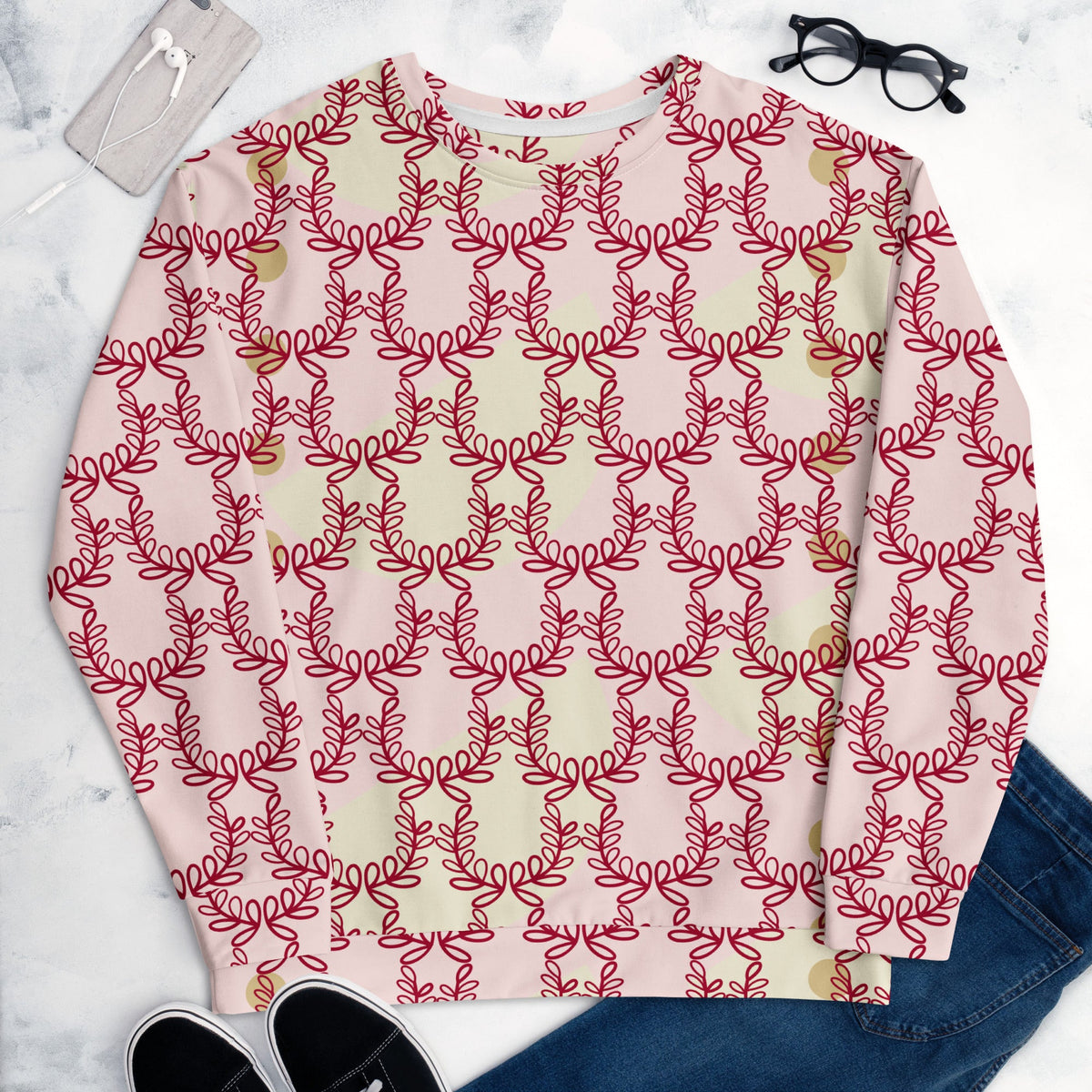 Good Wishes 365 unisex recycled sweatshirt in misty rose with a deep red laurel leaf crown all-over print.
