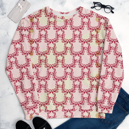 Good Wishes 365 unisex recycled sweatshirt in misty rose with a deep red laurel leaf crown all-over print.