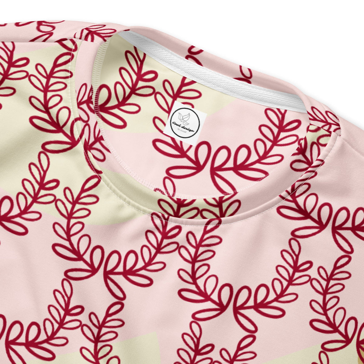 Good Wishes 365 recycled unisex sweatshirt in misty rose with a deep red laurel leaf crown all-over print