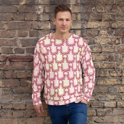 Good Wishes 365 unisex recycled sweatshirt in misty rose with a deep red laurel leaf crown print worn by a man