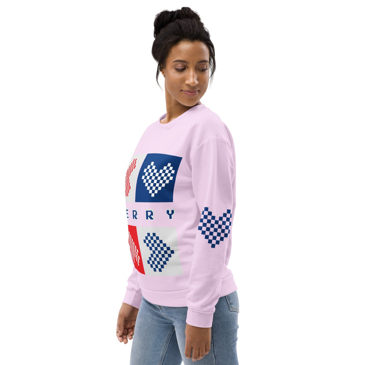 Good Wishes 365 light violet-lavender recycled unisex sweatshirt with pixelated Merry hearts print on model