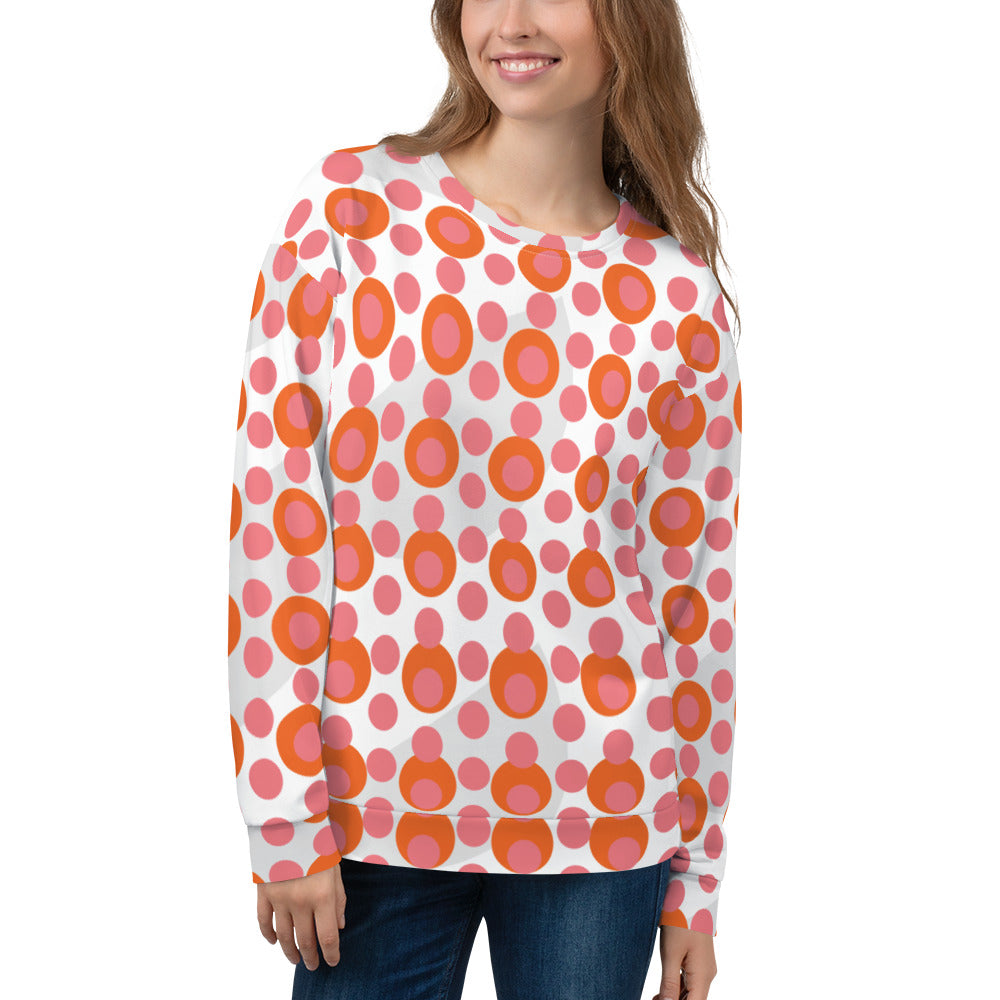 Good Wishes 365 women's recycled sweatshirt with a 70s pop art pink and orange polka dot pattern and crew neck