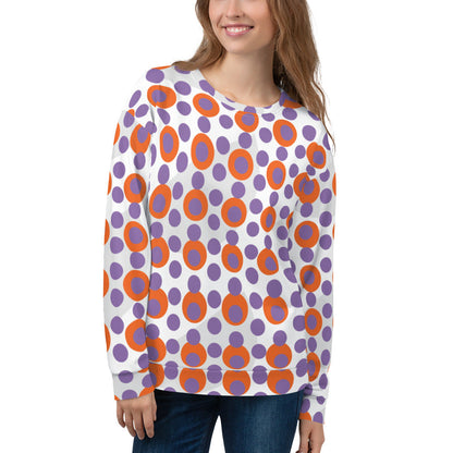Good Wishes 365 women's recycled sweatshirt with a 70s pop art orange and light purple polka dot print on white