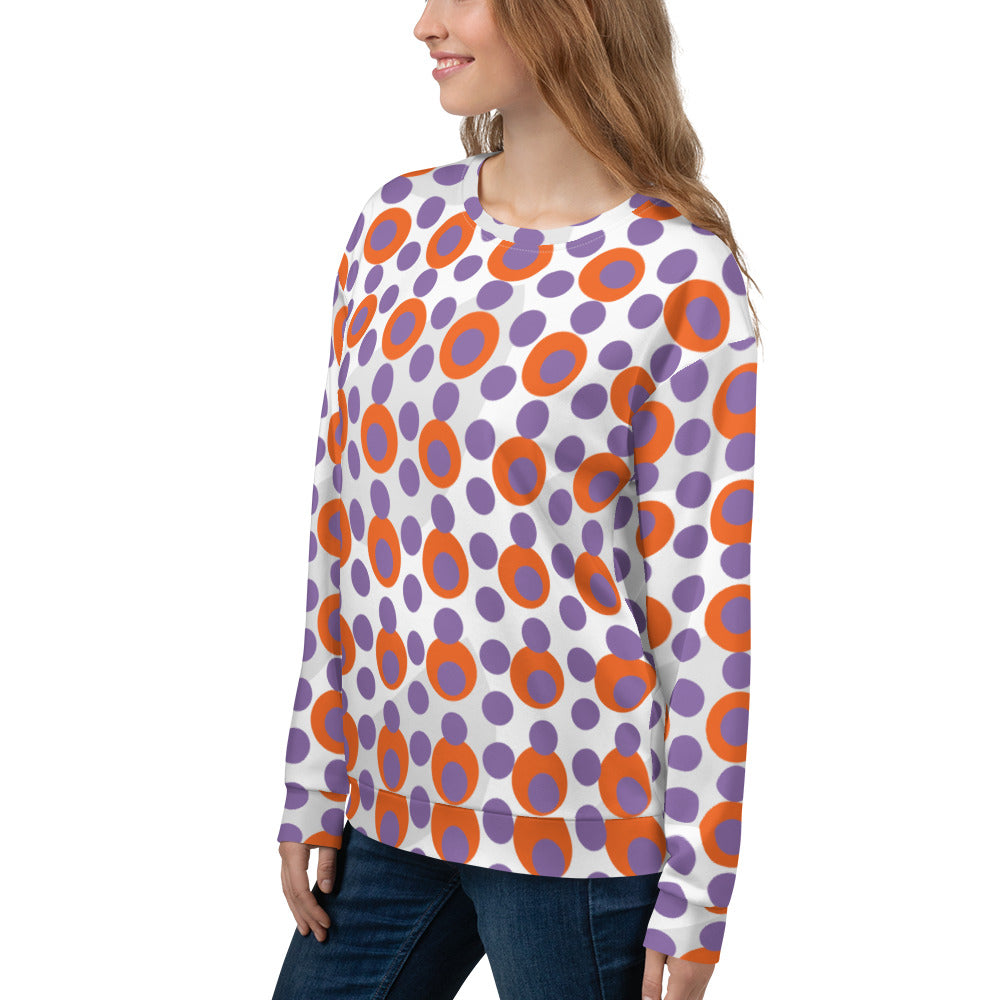 Good Wishes 365 women's recycled crew neck sweatshirt featuring a 70s pop art orange and light purple polka dot print.